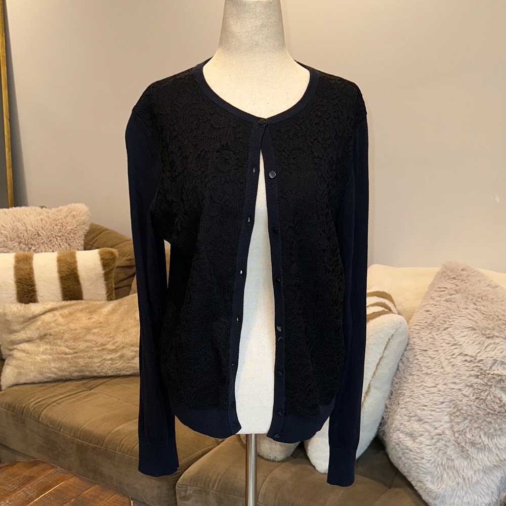 Ann Taylor Navy Blue Lace Front Cardigan Sweater